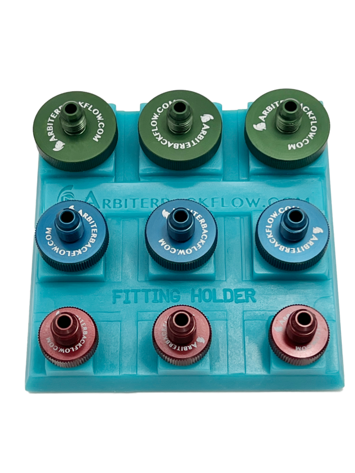 QT 200A ANODIZED ALUM TEST FITTINGS 3 OF EACH SIZE 1/4" 1/2" & 3/4" IN HOLDER